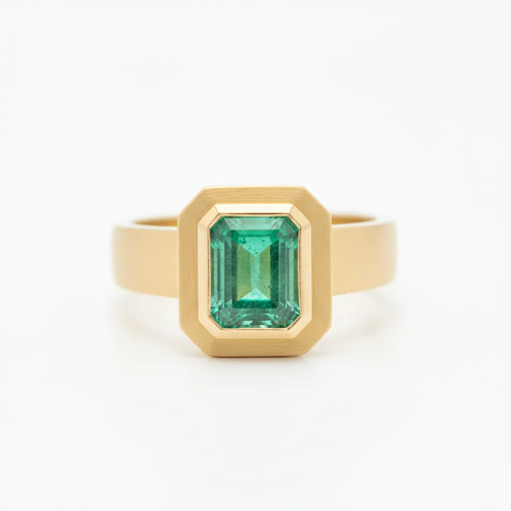 AI-generated brushed yellow gold bezel ring with an emerald cut emerald