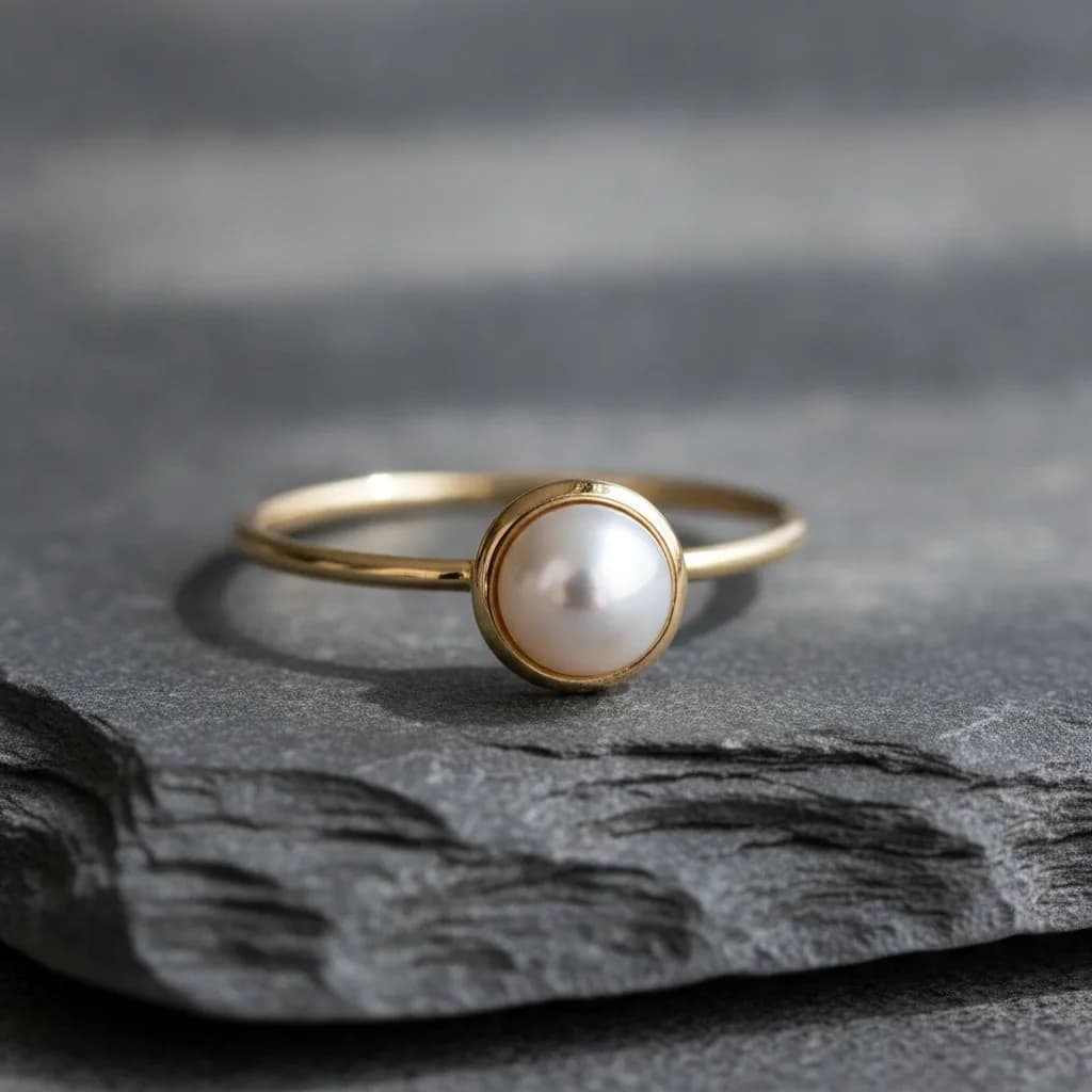AI-generated minimalist yellow gold pearl ring on natural slate