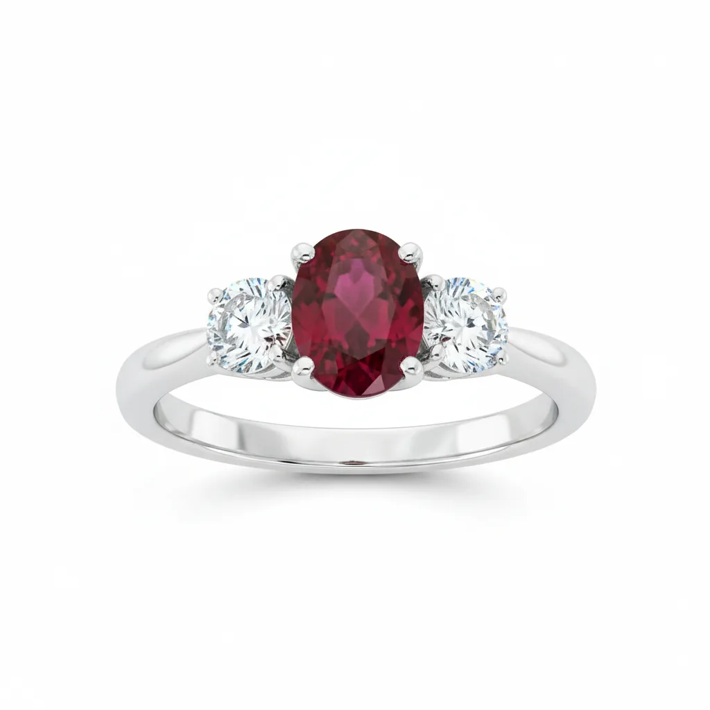 AI-generated white gold three-stone ring with an oval ruby and diamond side stones