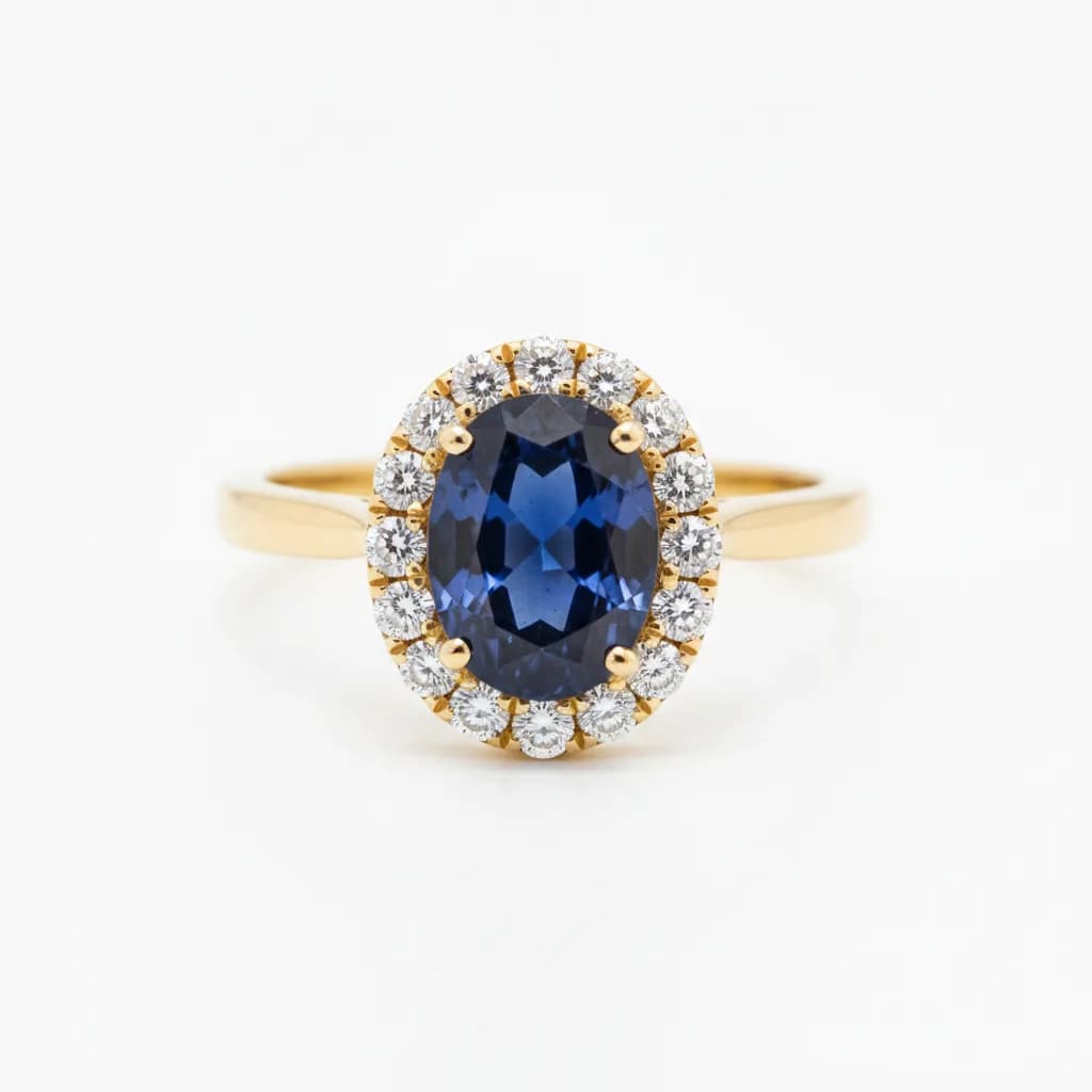 AI-generated yellow gold halo engagement ring with an oval blue sapphire